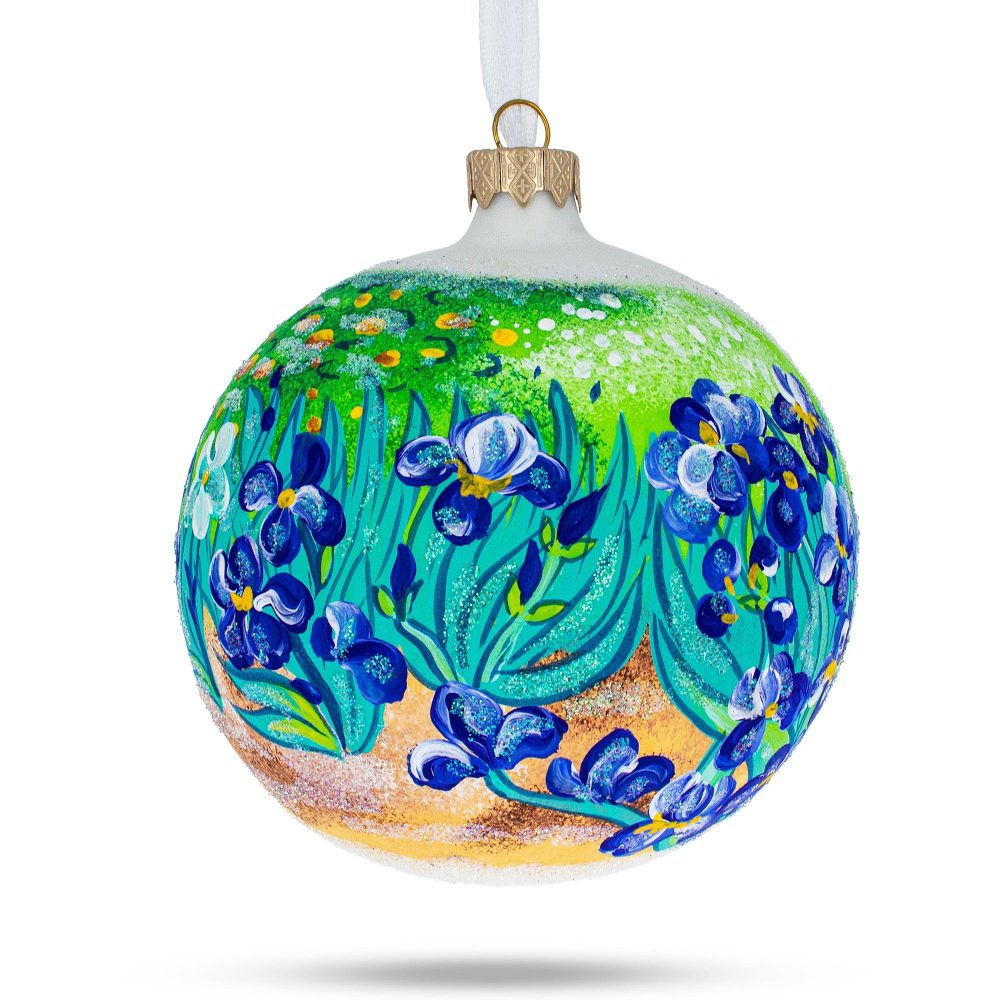 1889 ‘Irises’ By Vincent Van Gogh Blown Glass Ball Christmas Ornament 4 Inches  |   Artworks Artworks Artworks