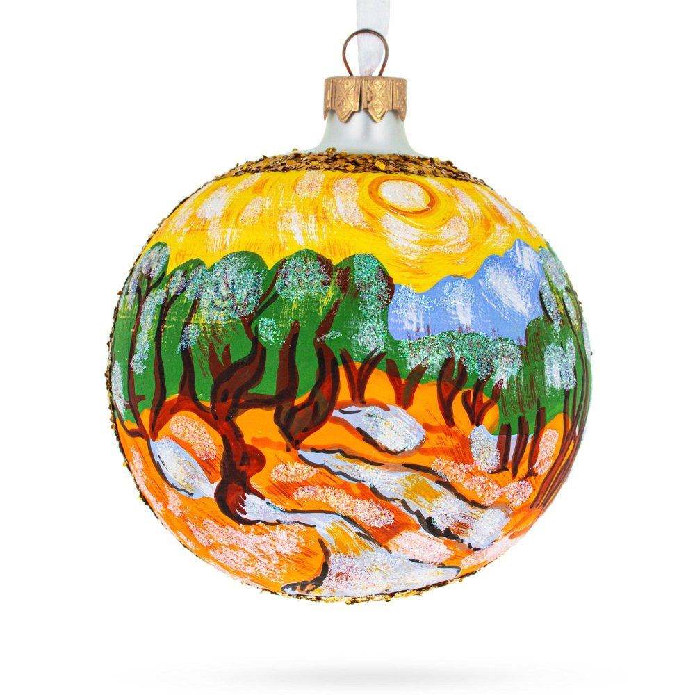 1889 ‘Olive Trees With Yellow Sky And Sun’ By Van Gogh Blown Glass Ball Christmas Ornament 4 Inches  |   Artworks Artworks Artworks