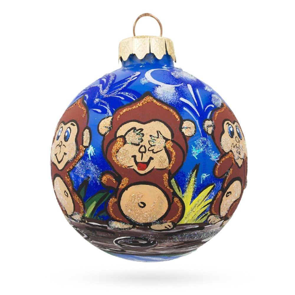 3 Wise Monkeys No See, No Hear, No Speak Blown Glass Ball Christmas Ornament 3.25 Inches  |   Animals Animals Animals