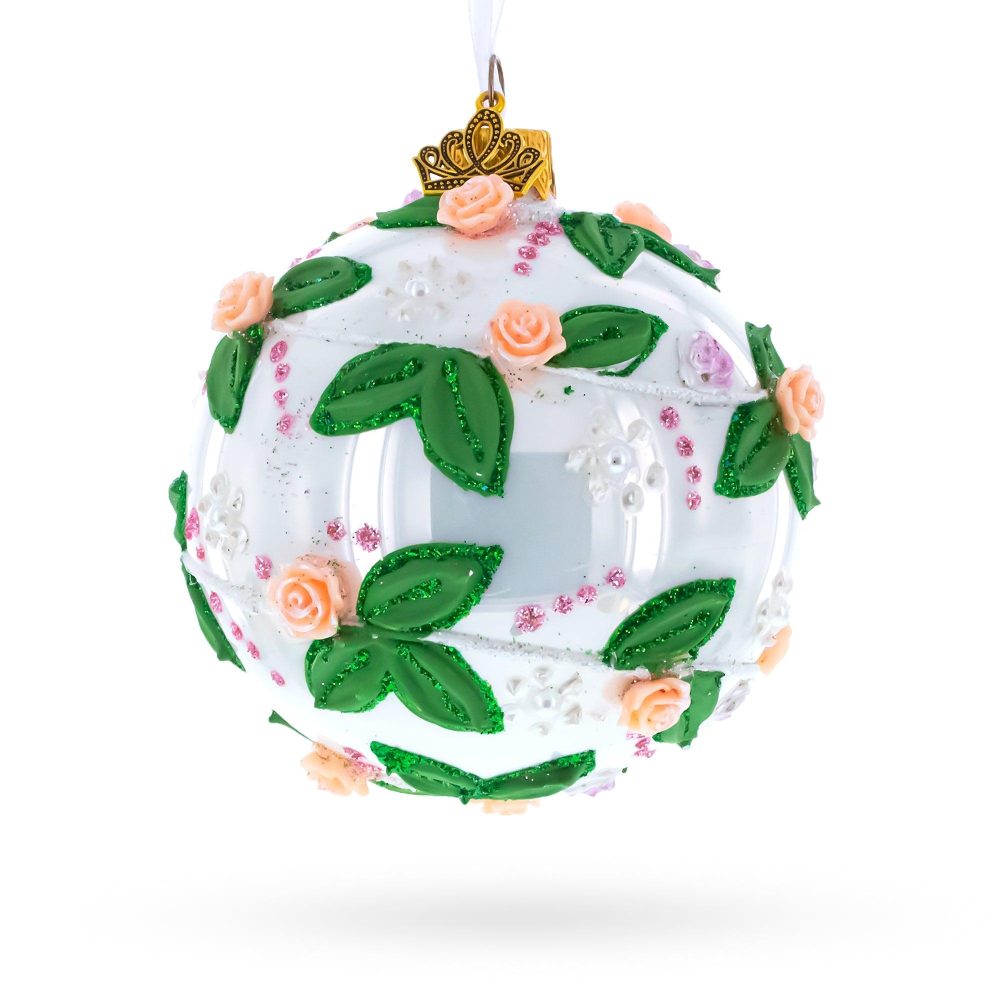 3D Roses In Silver Spiral Glass Ball Christmas Ornament 3.25 Inches  |   Flowers Flowers Flowers