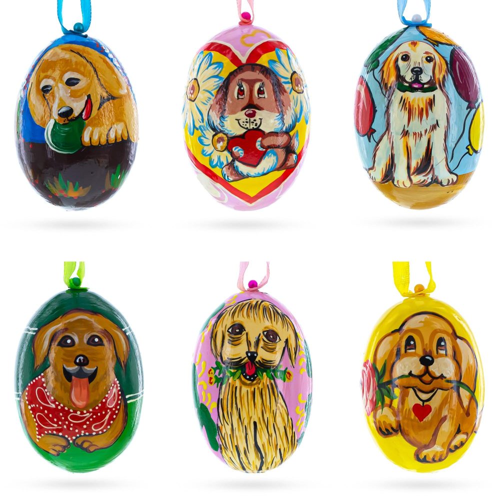 6 Dog Puppies- Golden Retriever And Labrador Wooden Christmas Ornaments 3 Inches  |   Animals Animals Animals