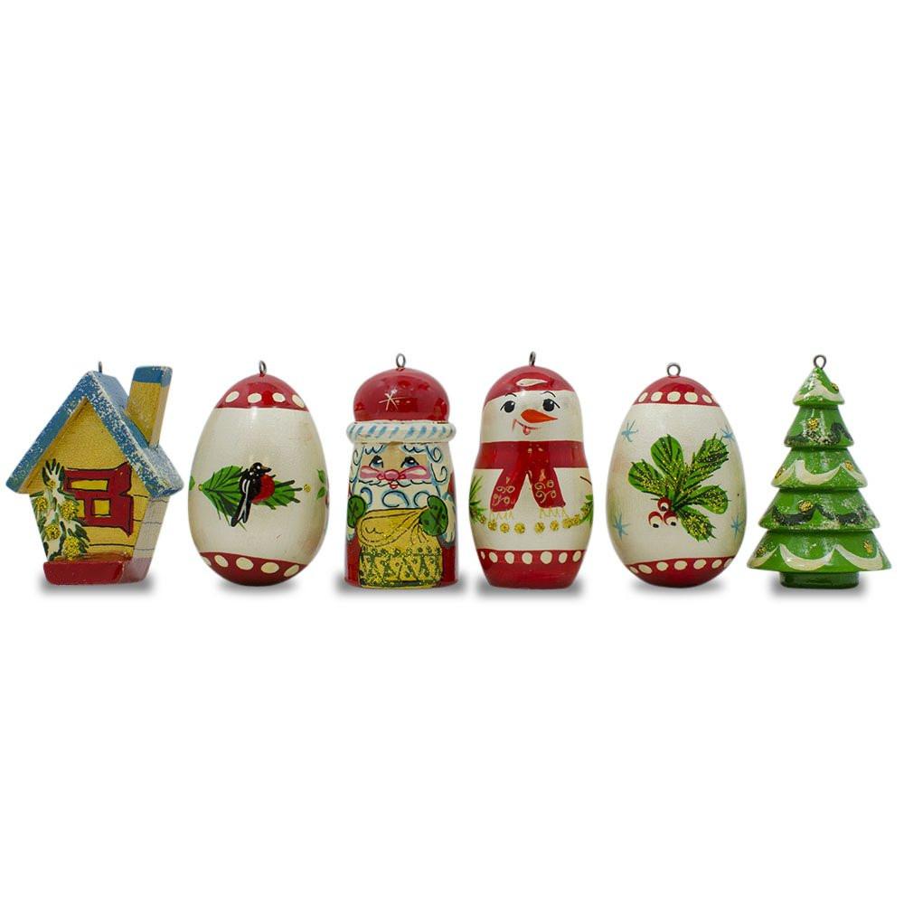 6 Hand Painted Wooden Christmas Ornaments 2.25 Inches  |   Santa Ornaments Santa