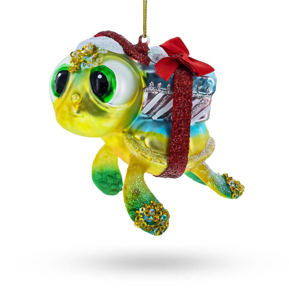 Adorable Baby Turtle Carrying Gifts Glass Christmas Ornament  |   Animals Animals Animals