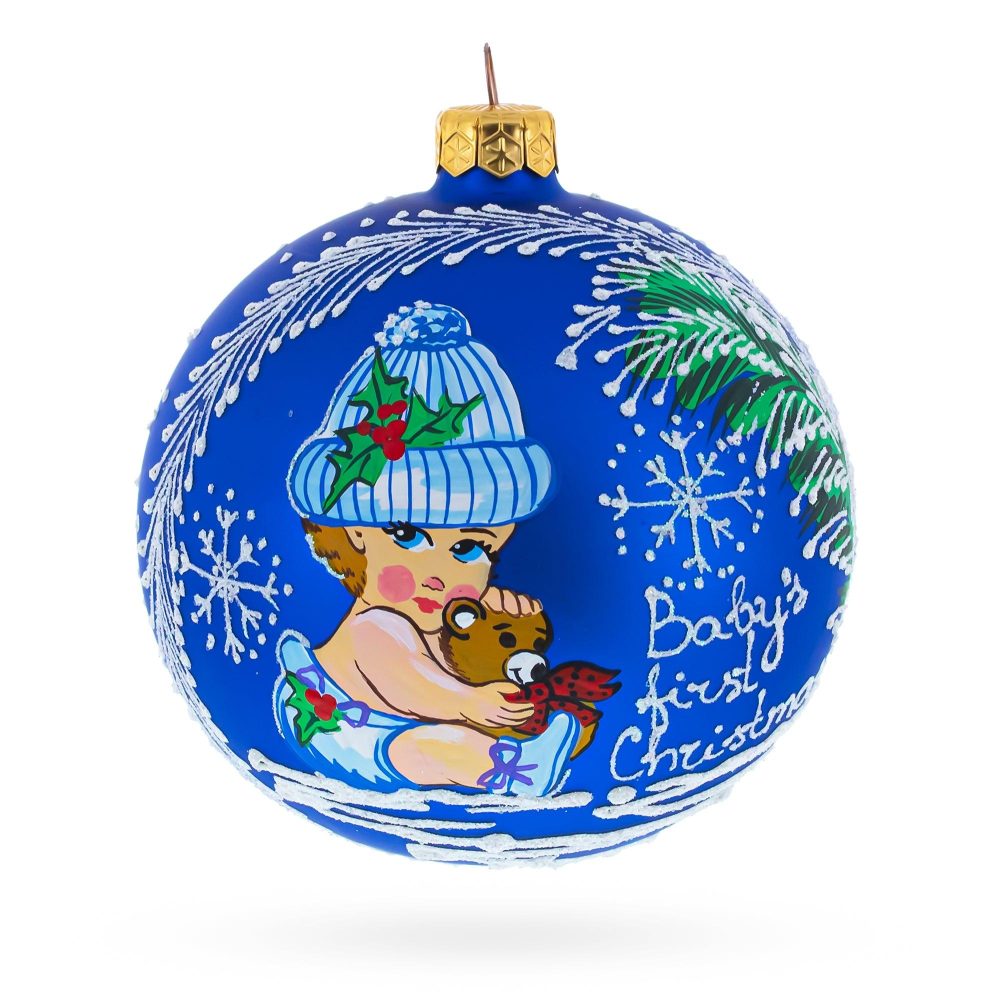 Adorable Girl Hugging Teddy Bear Blown Glass Ball Baby’S First Christmas Ornament 4 Inches  |   Baby Baby Baby