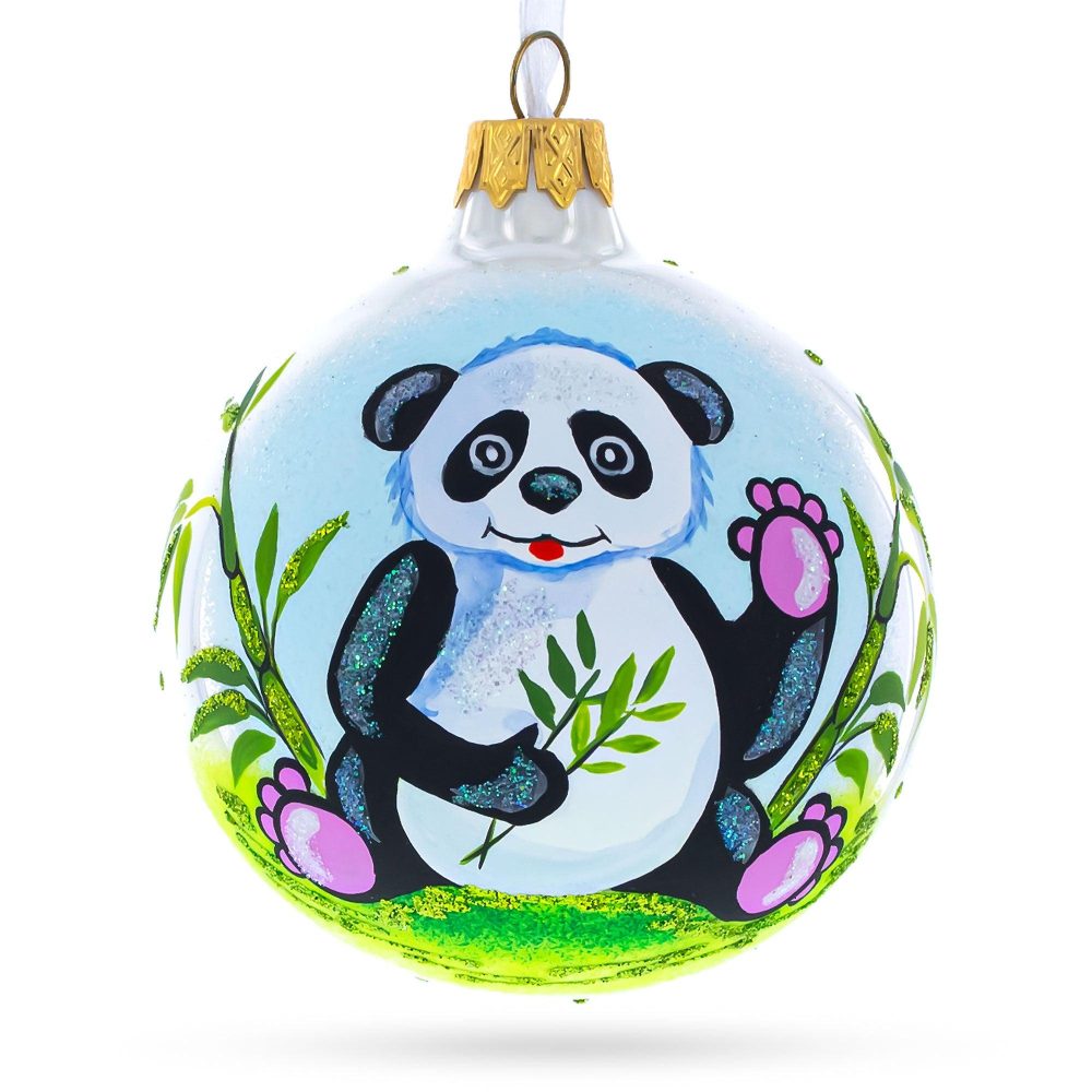 Adorable Panda With Bamboo Blown Glass Christmas Ornament 4 Inches  |   Animals Animals Animals