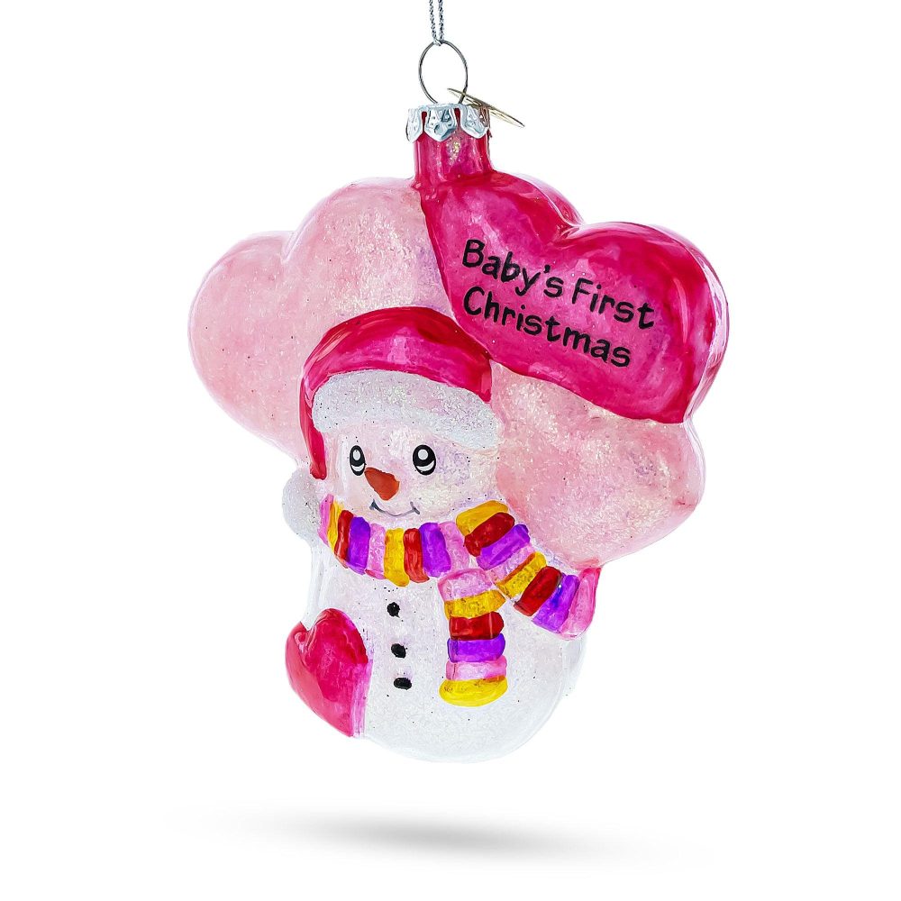 Adorable Pink Snowman Baby’S First Christmas Glass Ornament  |   Baby Baby Baby