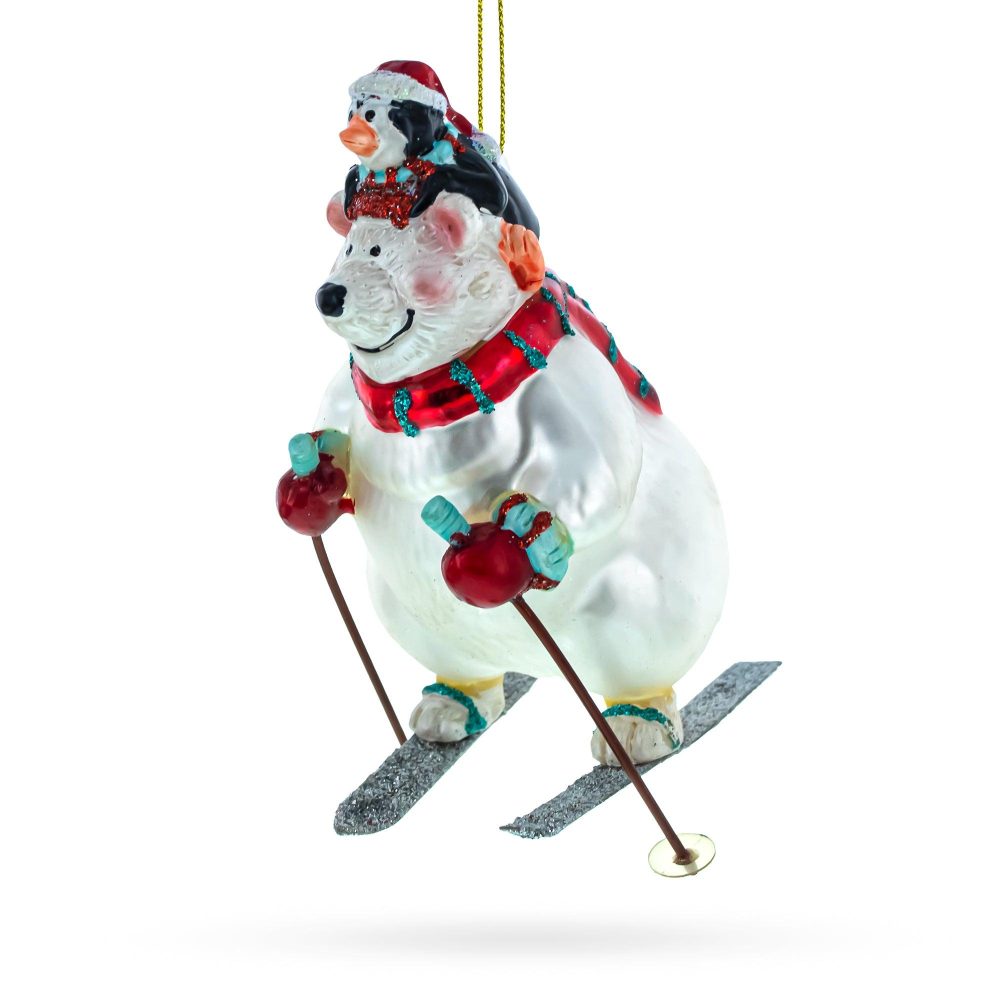 Adventurous Bear And Penguin Skiing Glass Christmas Ornament  |   Animals Animals Animals