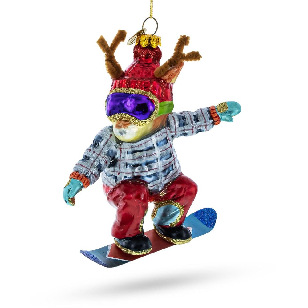 Adventurous Moose On Snowboard Glass Christmas Ornament  |   Personalized Ornaments Personalized