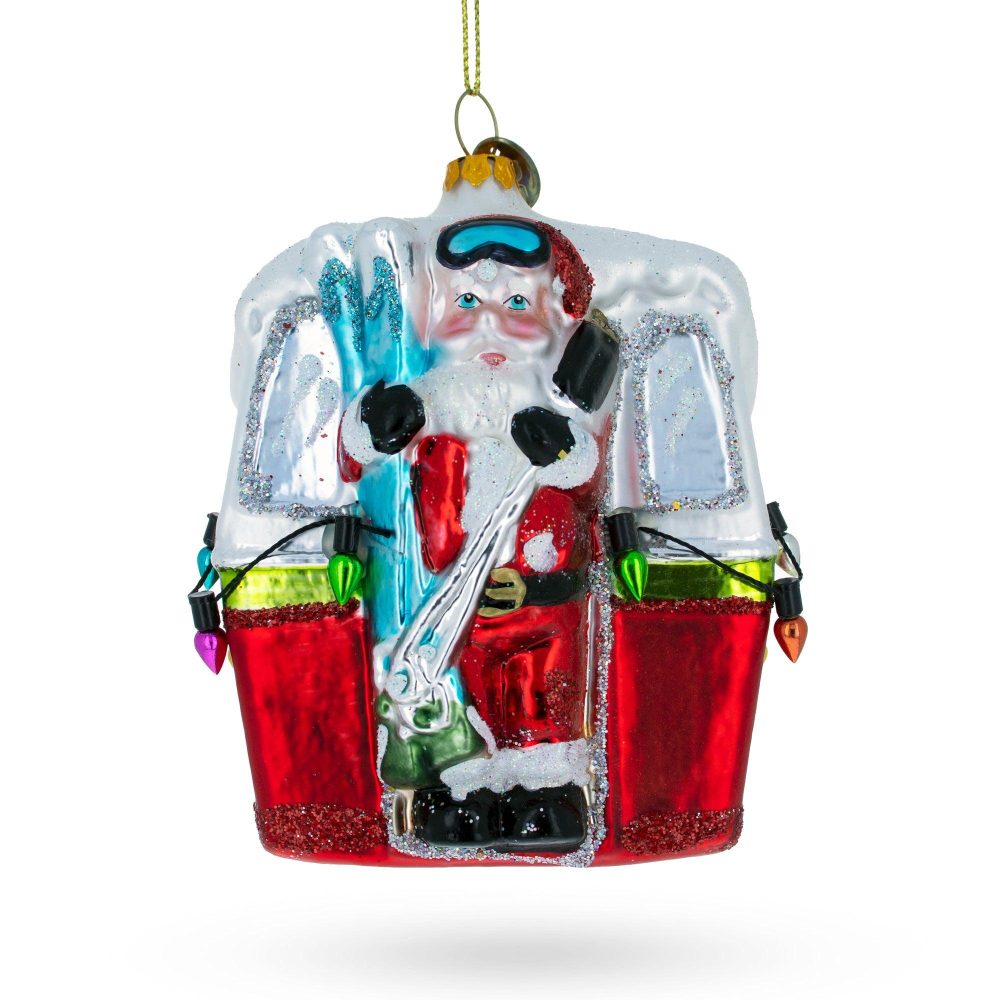 Adventurous Santa On Gondola With Skis Blown Glass Christmas Ornament  |   Personalized Ornaments Personalized