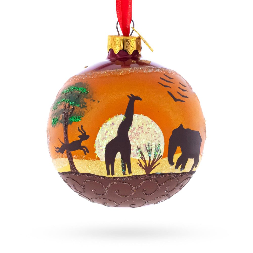 African Sunset With Giraffe And Tree Glass Ball Christmas Ornament 3.25 Inches  |   Travel Ornaments Travel