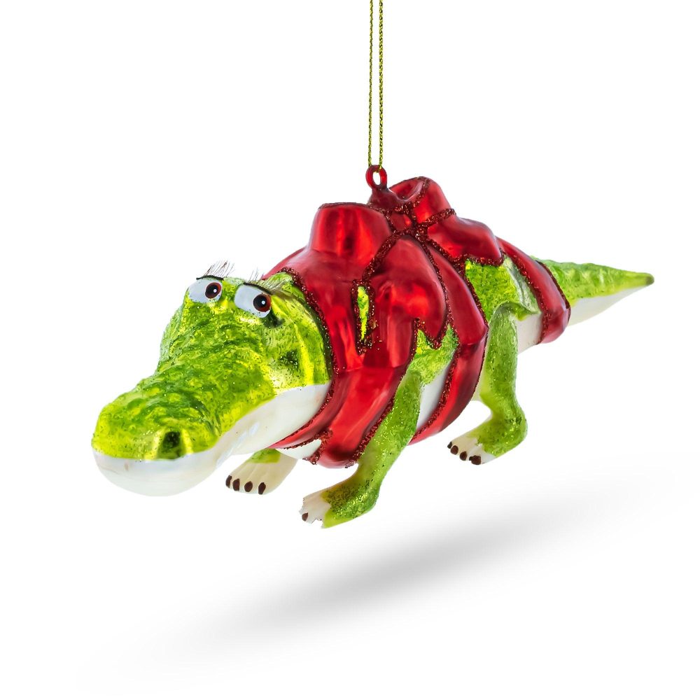 Alligator Adorned With Gift Ribbon Glass Christmas Ornament  |   Animals Animals Animals