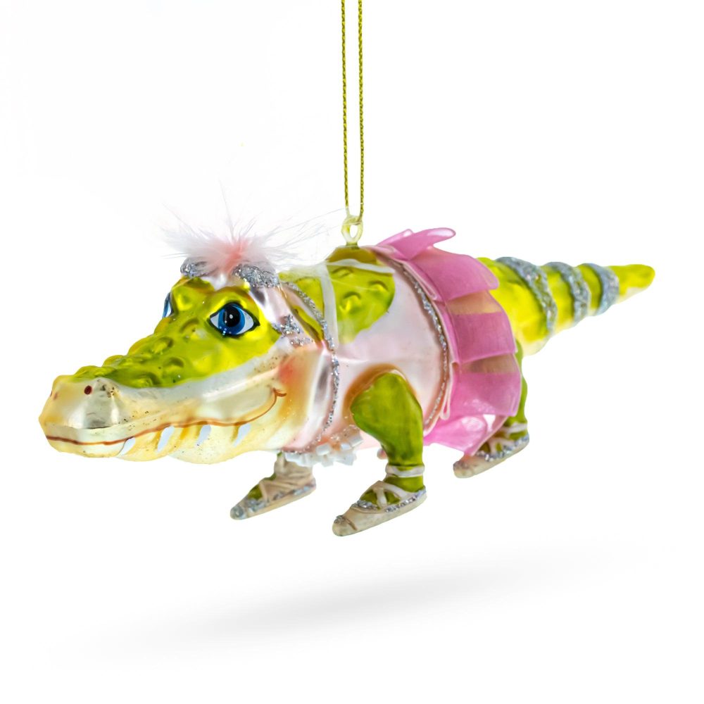 Alligator In Pink Ballerina Ensemble Blown Glass Christmas Ornament  |   Animals Animals Animals