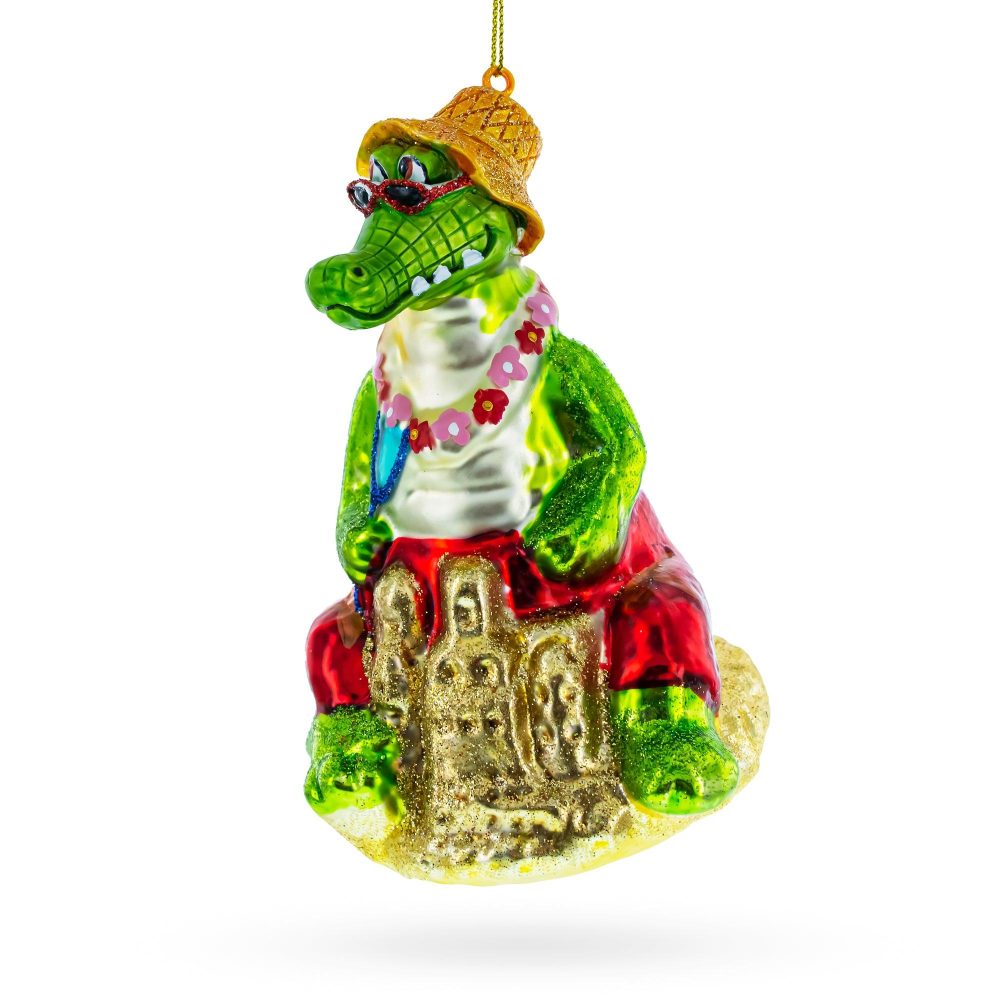 Alligator Relaxing On The Beach Glass Christmas Ornament  |   Animals Animals Animals