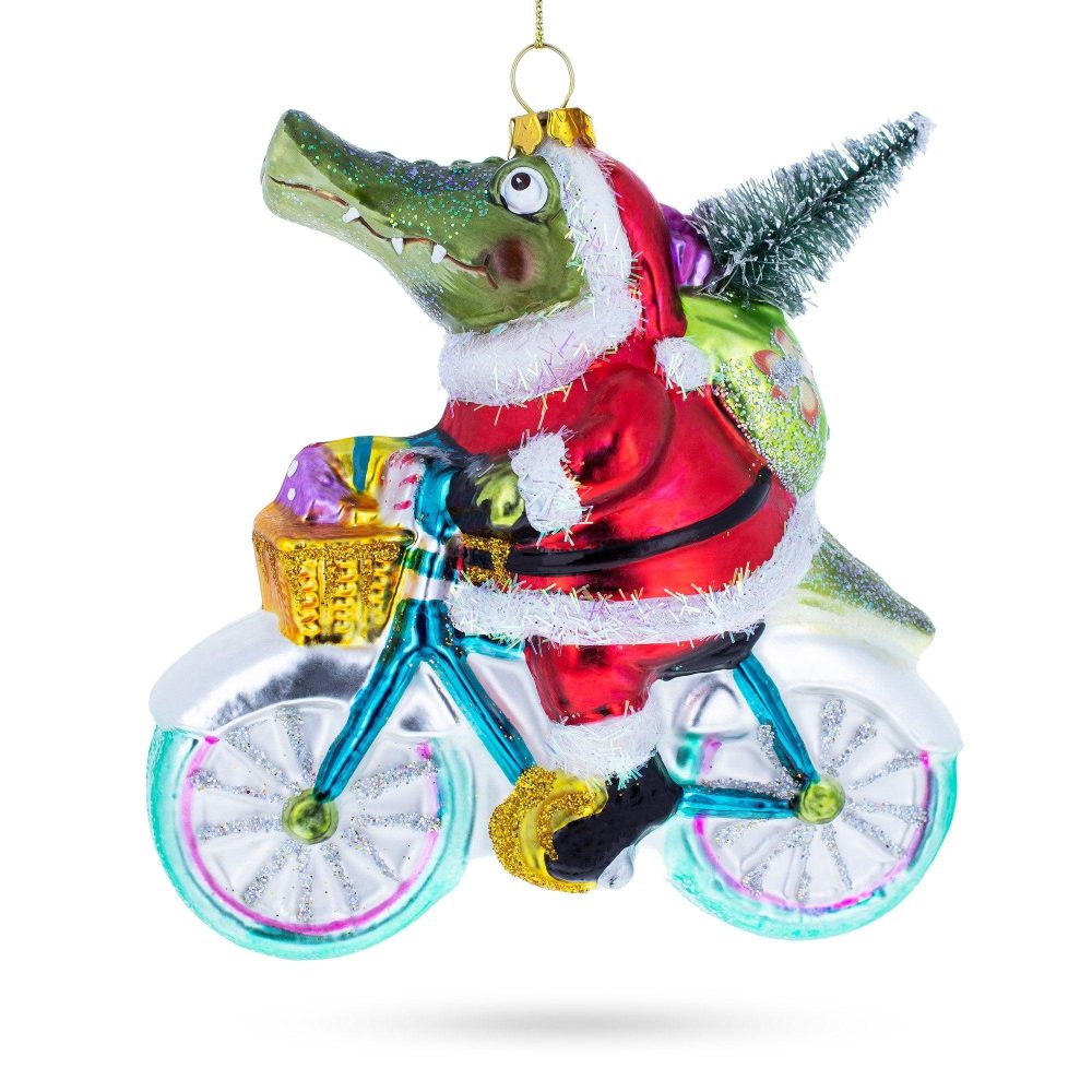 Alligator Riding Bicycle With Gifts Glass Christmas Ornament  |   Animals Animals Animals