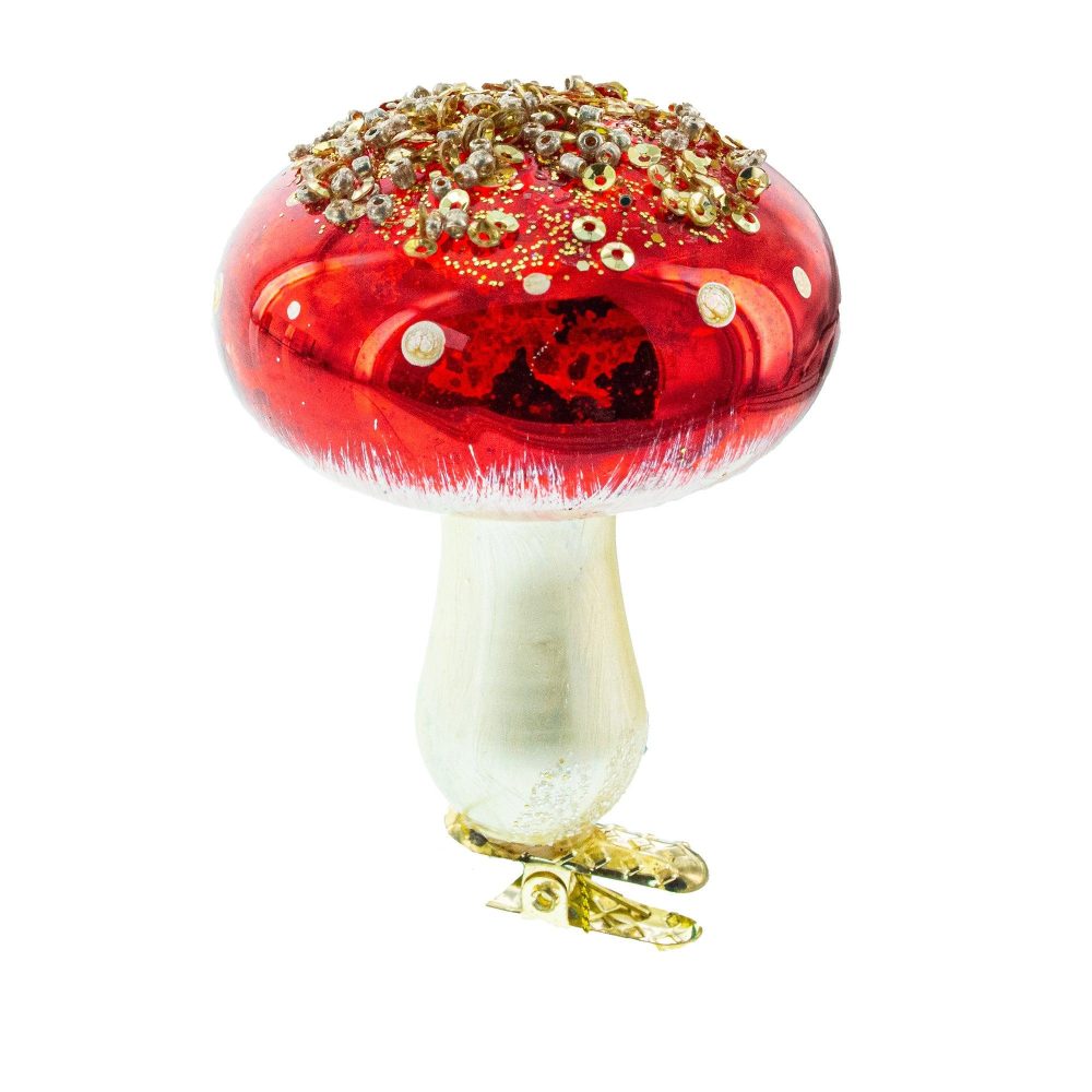 Amanita Mushroom Whimsical Blown Glass Christmas Ornament  |   Food Food Food