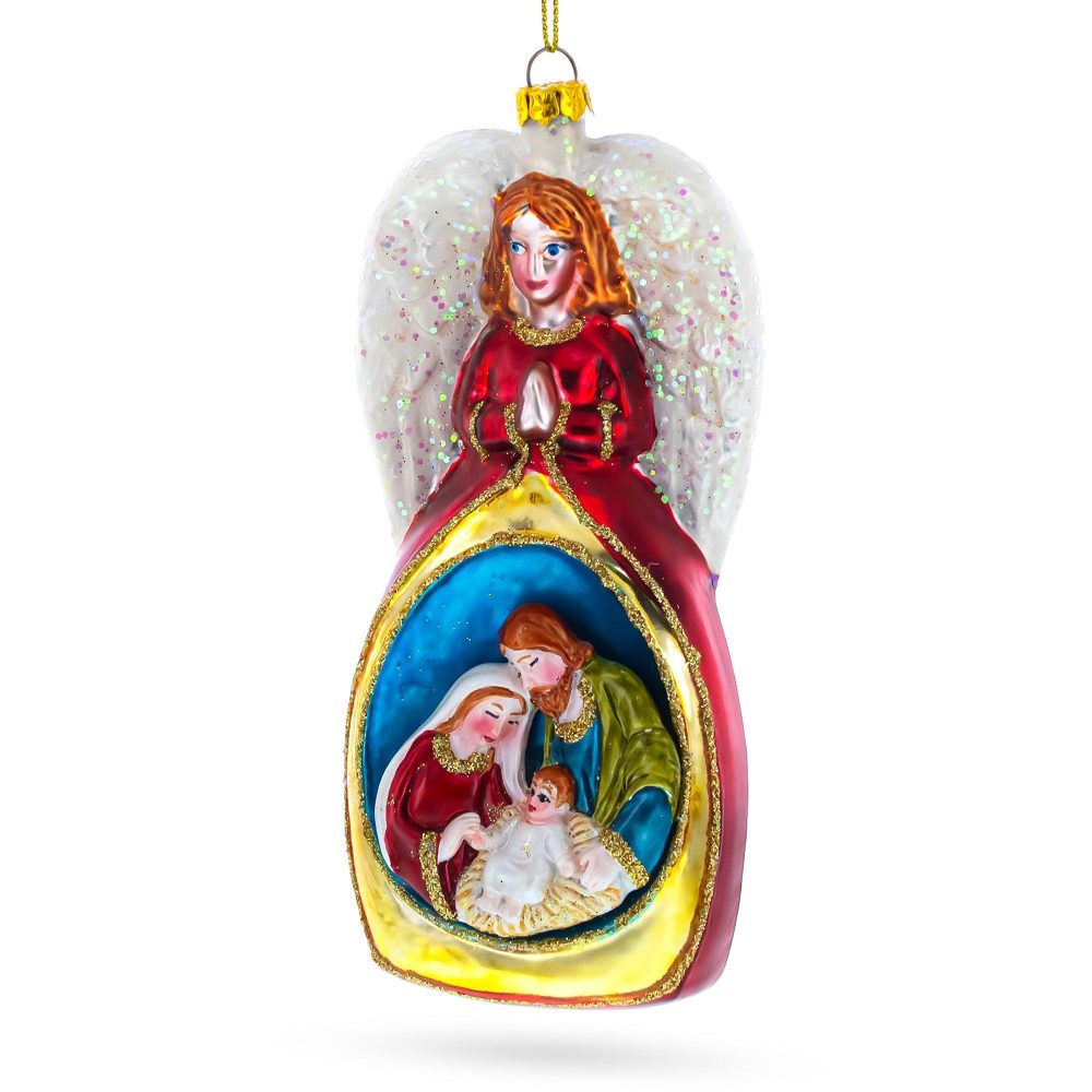 Angel Above Nativity Scene Blown Glass Christmas Ornament  |   Religious Ornaments Ornaments Religious Ornaments