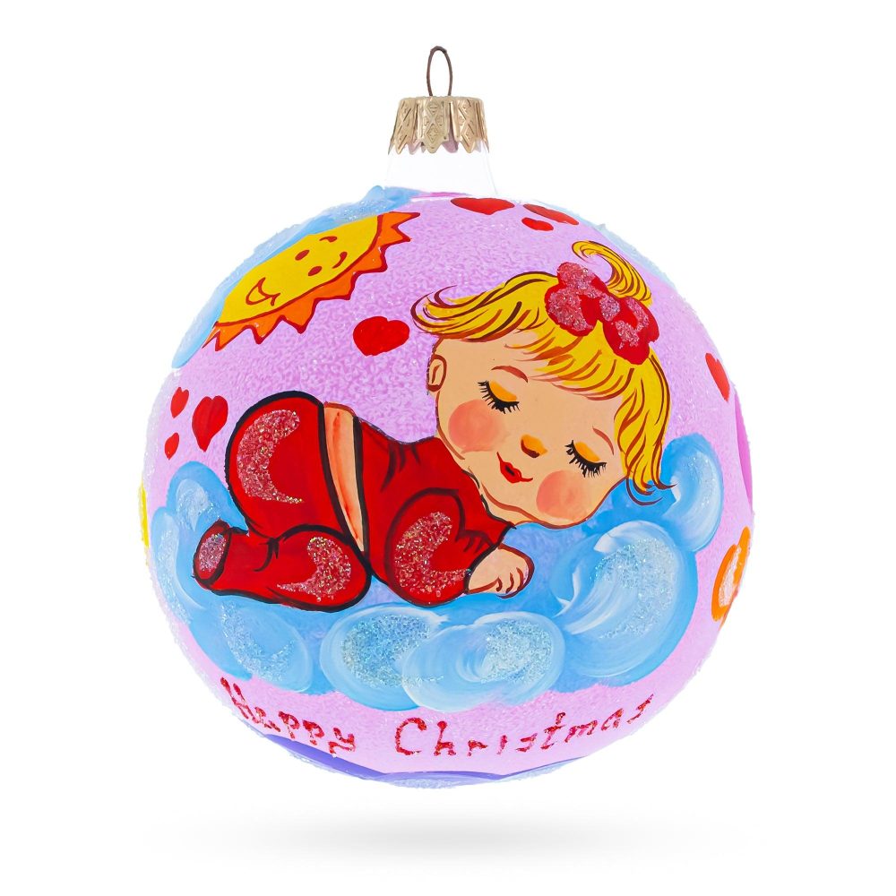 Angel-Faced Girl Slumbering On Fluffy Clouds Blown Glass Ball Baby’S First Christmas Ornament 4 Inches  |   Baby Baby Baby