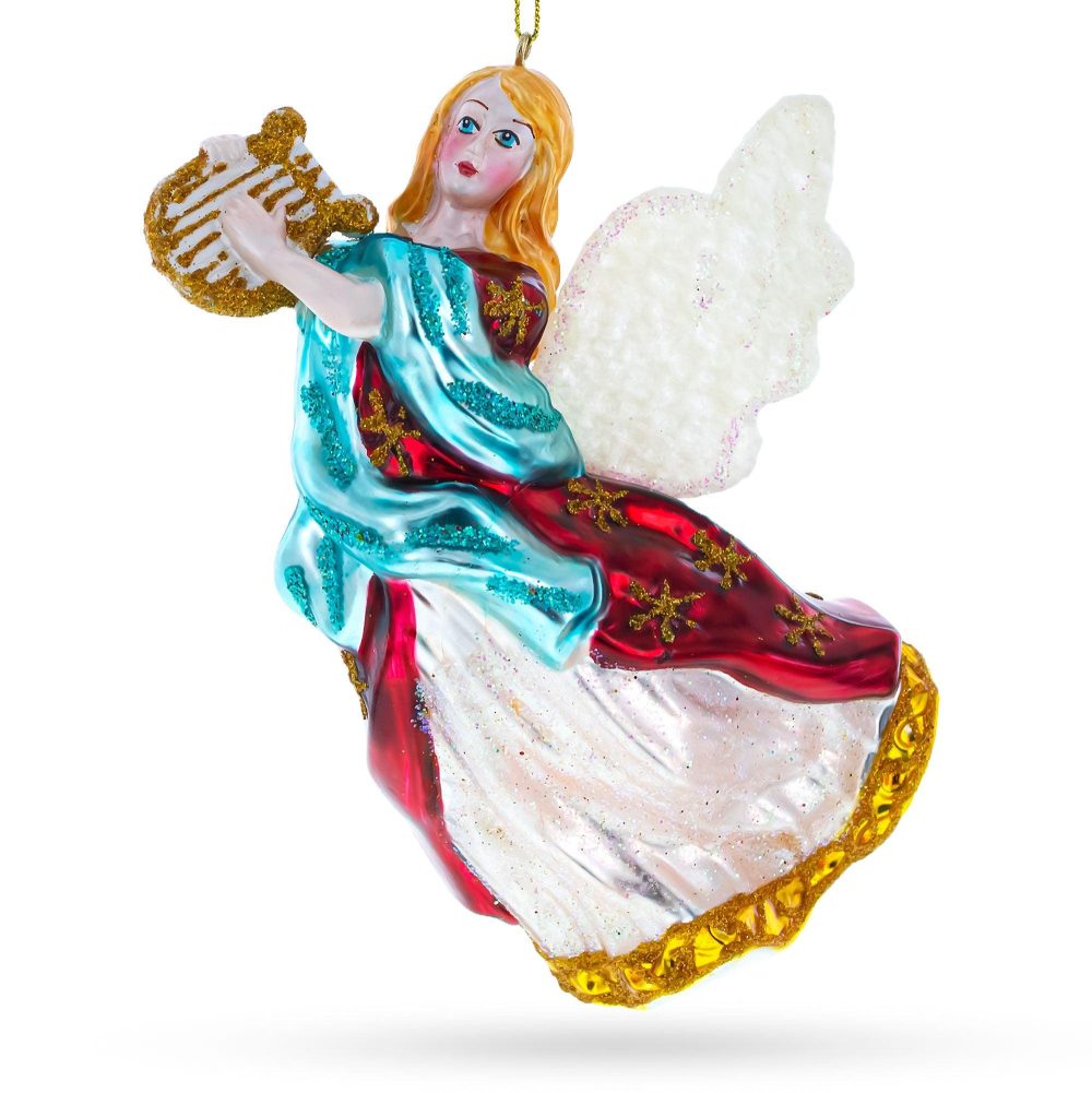 Angel Playing Music On Harp Blown Glass Christmas Ornament  |   Personalized Ornaments Personalized