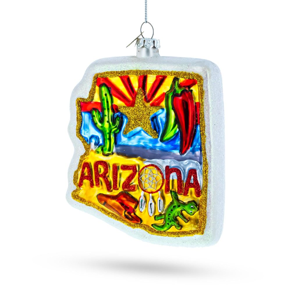 Arizona State Map And Symbols Blown Glass Christmas Ornament  |   Travel Ornaments Travel