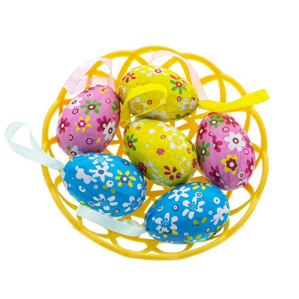 Artistic Charm: Set Of 6 Paper Mache Egg Ornaments In Basket  |   Egg Ornaments Egg Ornaments Egg Ornaments