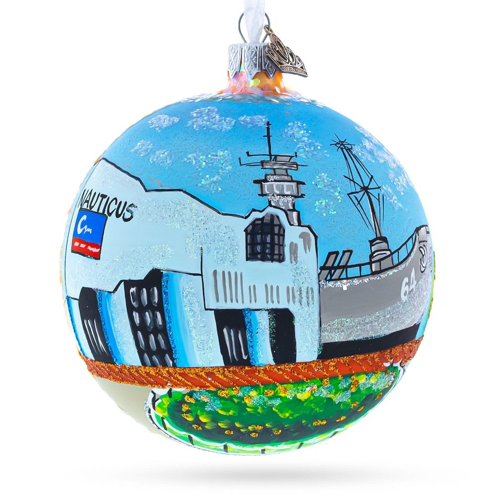 Battleship Wisconsin At Nauticus, Norfolk, Virginia, Usa Glass Ball Christmas Ornament 4 Inches  |   Travel Ornaments Travel