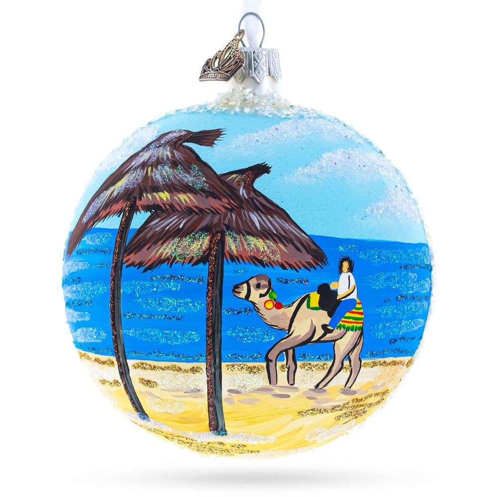 Beach At Hammamet, Tunisia Glass Ball Christmas Ornament 4 Inches  |   Travel Ornaments Travel