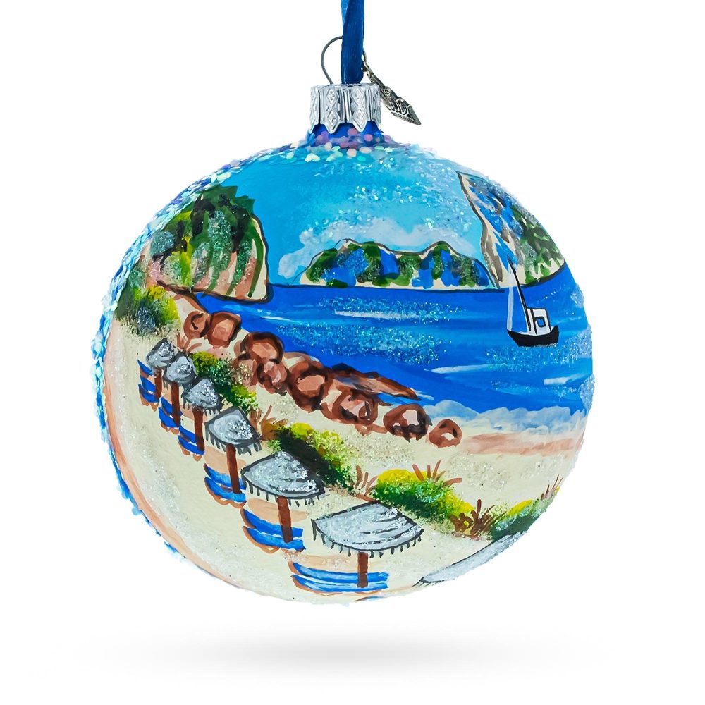 Beach At Ibiza, Spain Glass Ball Christmas Ornament 4 Inches  |   Travel Ornaments Travel