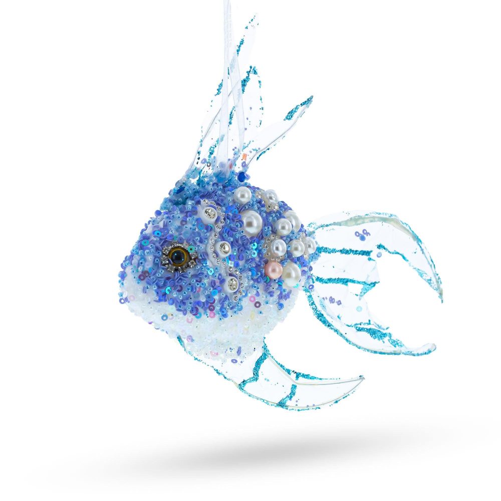 Beaded Blue Coral Reef Fish Blown Glass Christmas Ornament  |   Animals Animals Animals