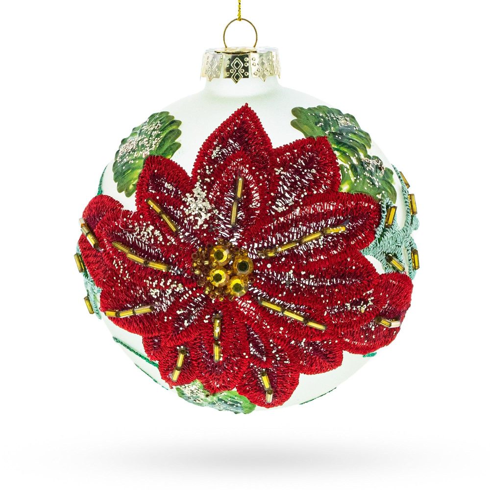 Beaded Red Flower Adorning Glass Ball Christmas Ornament  |   Flowers Flowers Flowers