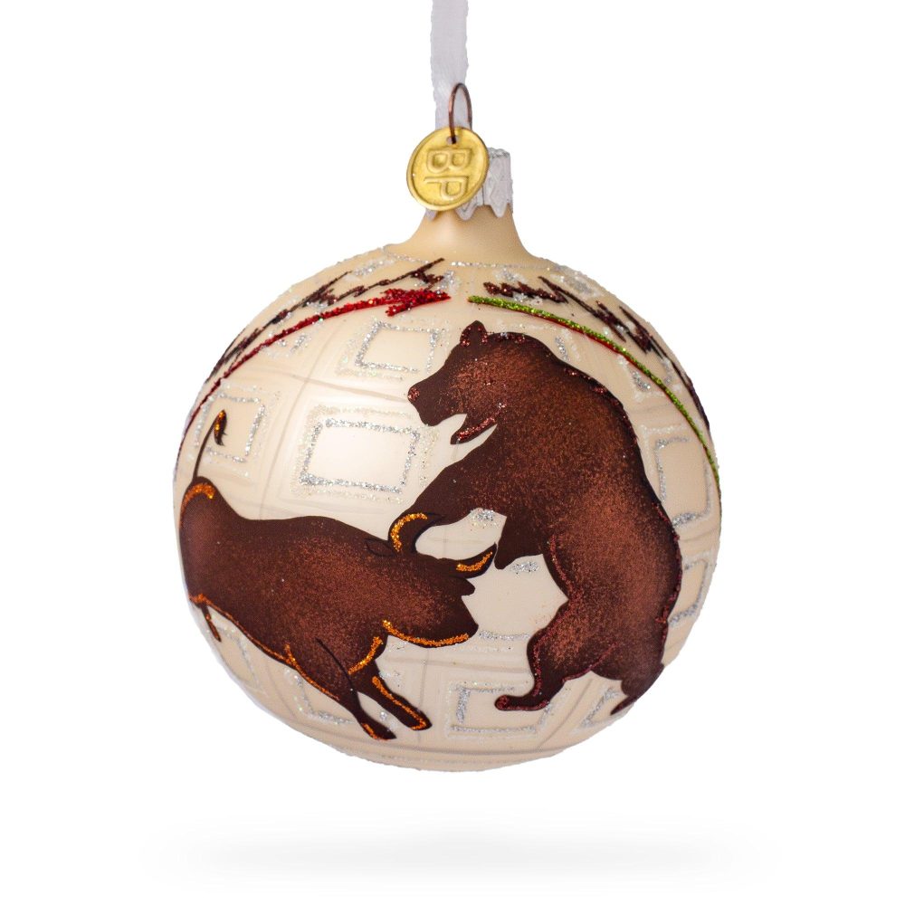 Bear And Bull On Wall Street Blown Glass Ball Christmas Ornament 3.25 Inches  |   Hobby Hobby Hobby