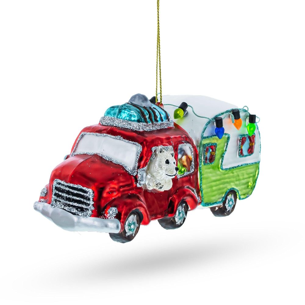 Bear Behind The Wheel Of A Camper Blown Glass Christmas Ornament  |   Animals Animals Animals