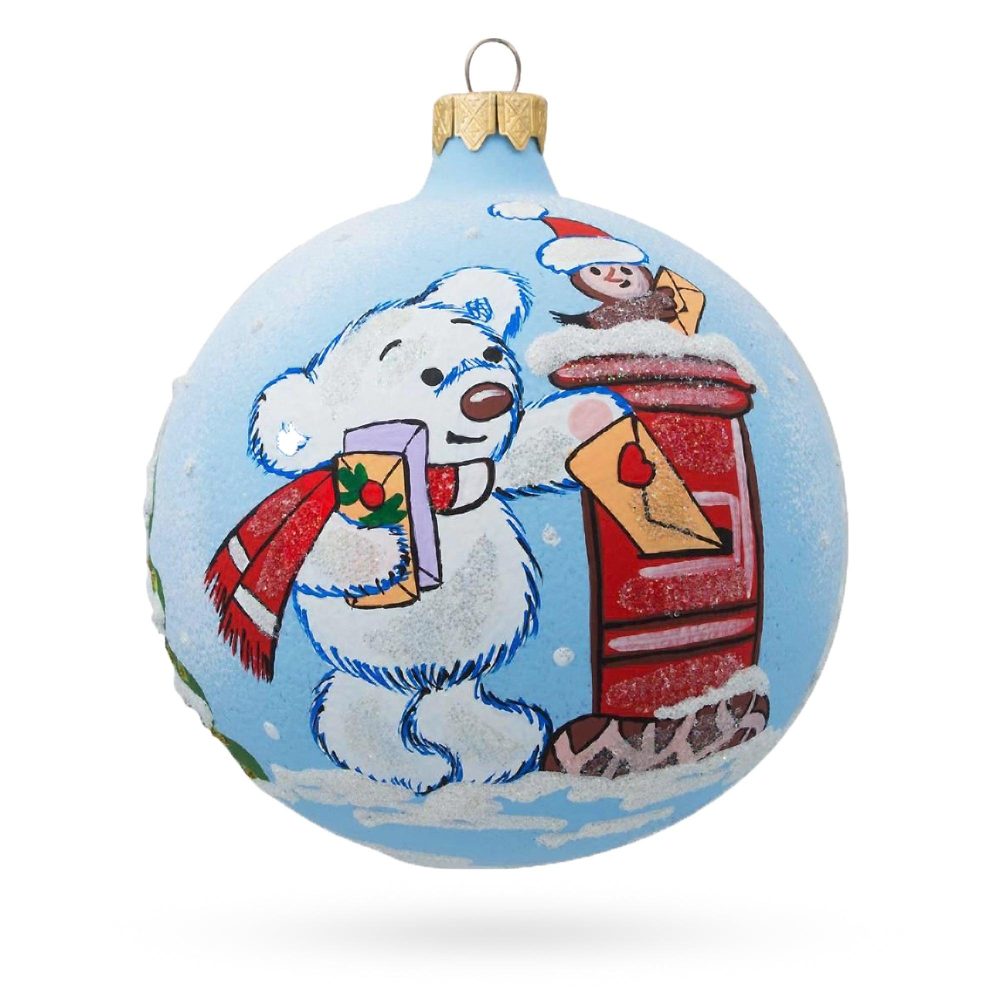 Bear Mailing Christmas Wish List Blown Glass Ball Christmas Ornament  3.25 Inches  |   Animals Animals Animals