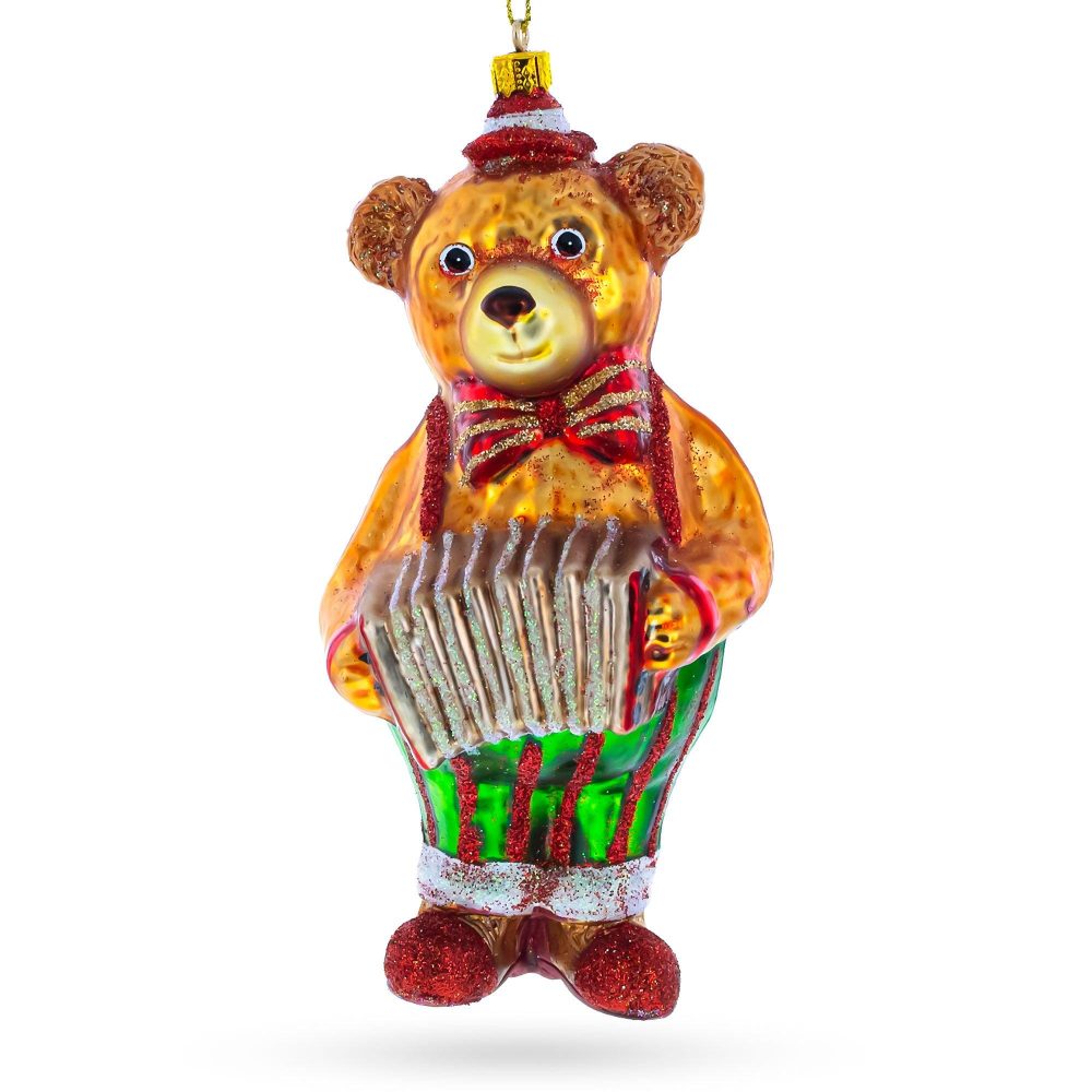 Bear Playing On Accordion Blown Glass Christmas Ornament  |   Hobby Hobby Hobby