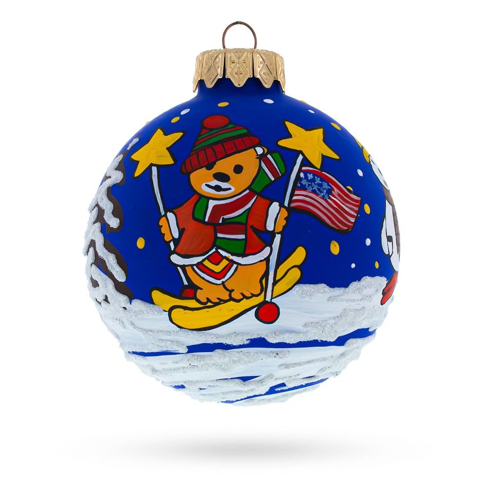 Bear Skiing With Snowman And Usa Flag Blown Glass Ball Christmas Ornament 3.25 Inches  |   Patriotic Ornaments Patriotic