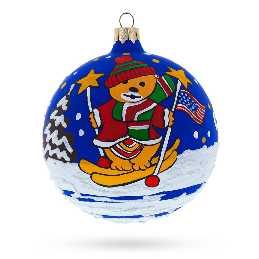 Bear Skiing With Snowman And Usa Flag Blown Glass Ball Christmas Ornament 4 Inches  |   Patriotic Ornaments Patriotic