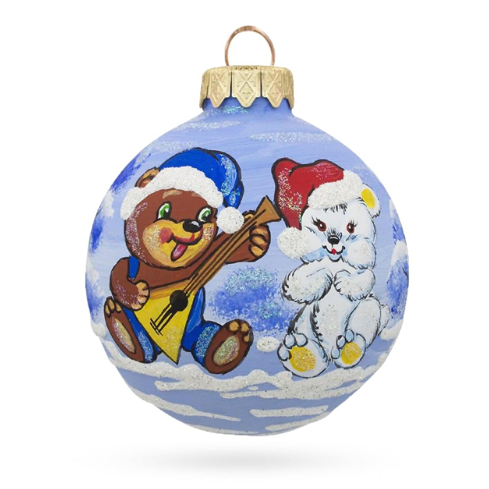 Bear With Balalaika And Santa Hat Blown Glass Ball Christmas Ornament 3.25 Inches  |   Animals Animals Animals