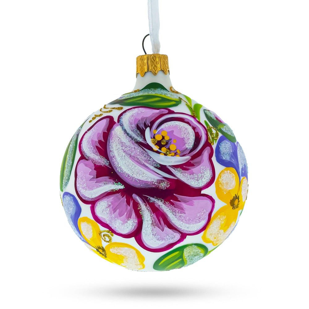 Beautiful Pink Roses Blown Glass Ball Christmas Ornament 3.25 Inches  |   Flowers Flowers Flowers