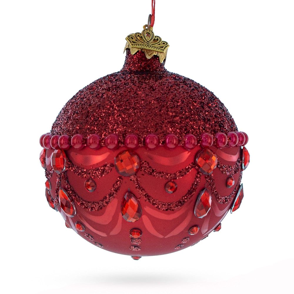 Bejeweled Chandelier Design On Red Hand-Painted Blown Glass Ball Christmas Ornament 3.25 Inches  |   Geometrical Geometrical Geometrical