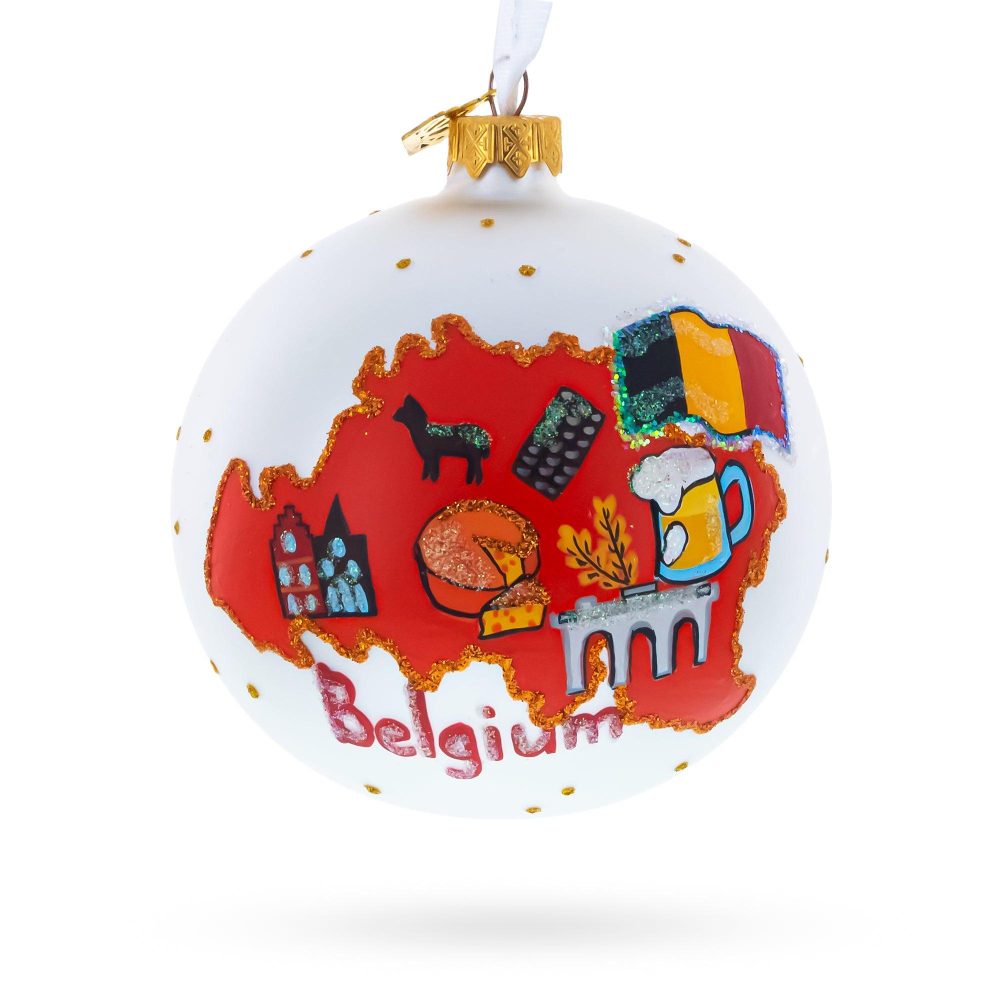 Belgium Map And Symbols Glass Ball Christmas Ornament 4 Inches  |   Travel Ornaments Travel