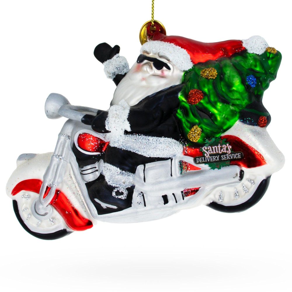 Biker Santa In Black Leathers Delivering Christmas Tree Blown Glass Ornament  |   Personalized Ornaments Personalized