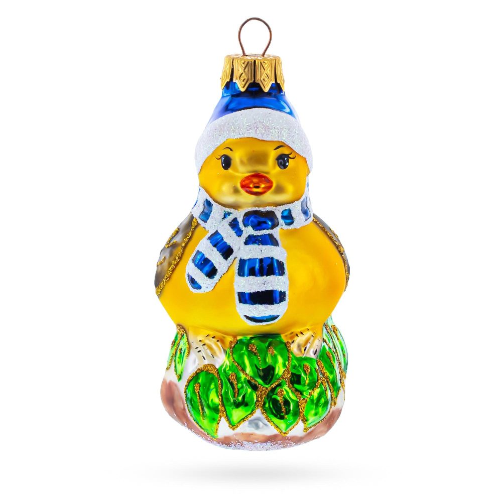 Bird Wearing Hat And Scarf Mini Glass Christmas Ornament  |   Animals Animals Animals