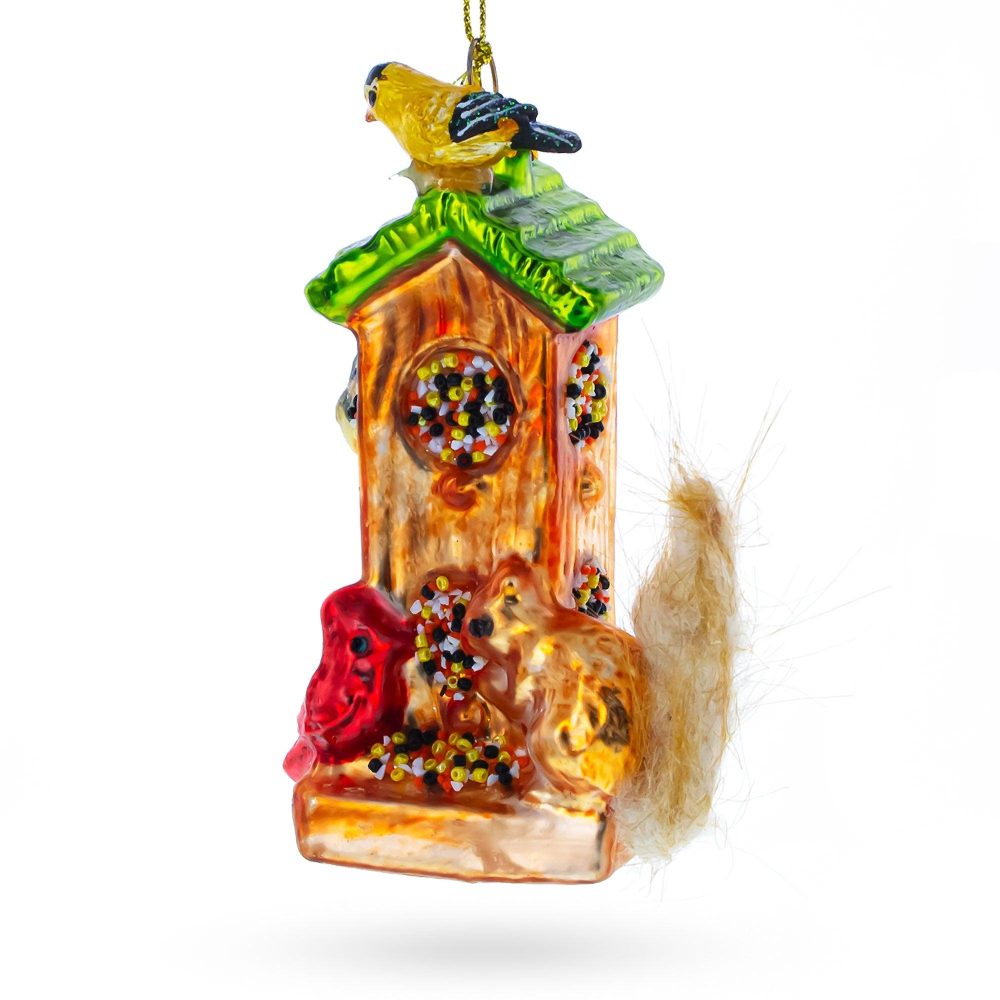 Birds And Squirrel At Birdfeeder Glass Christmas Ornament  |   Animals Animals Animals