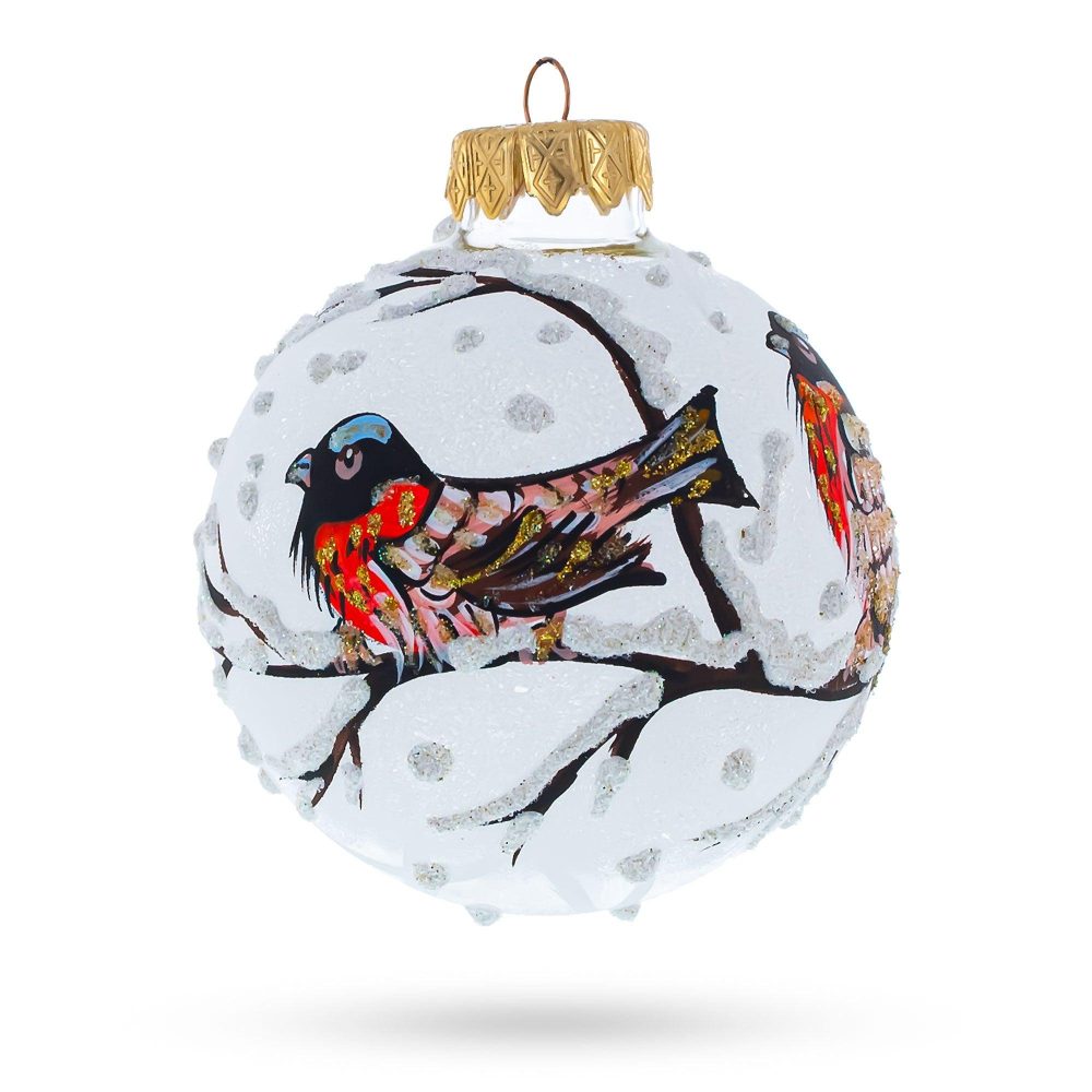 Birds On A Snowy Branch Blown Glass Ball Christmas Ornament 3.25 Inches  |   Animals Animals Animals