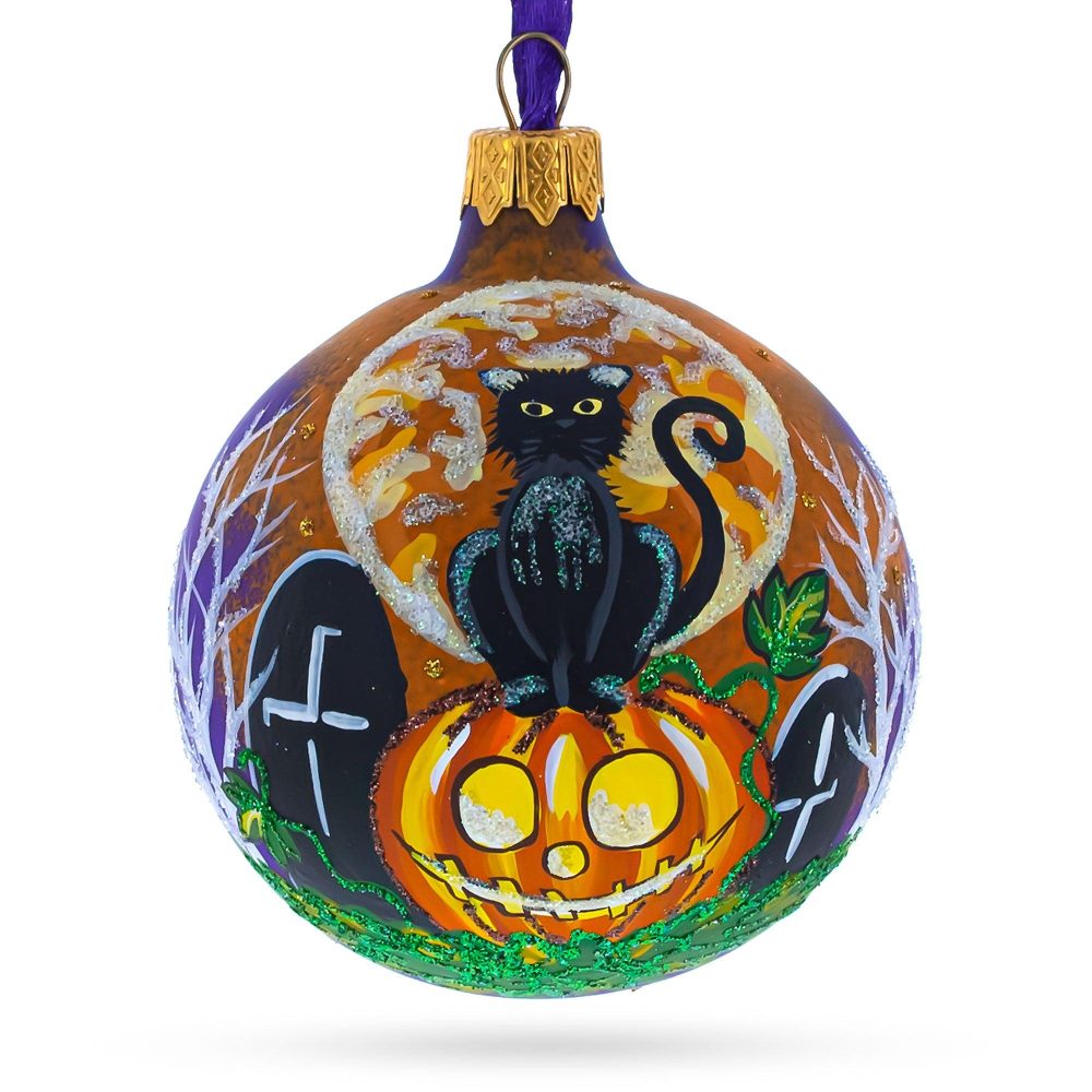 Black Cat At Cemetery Blown Glass Ball Halloween Ornament 3.25 Inches  |   Occasions Occasions Occasions