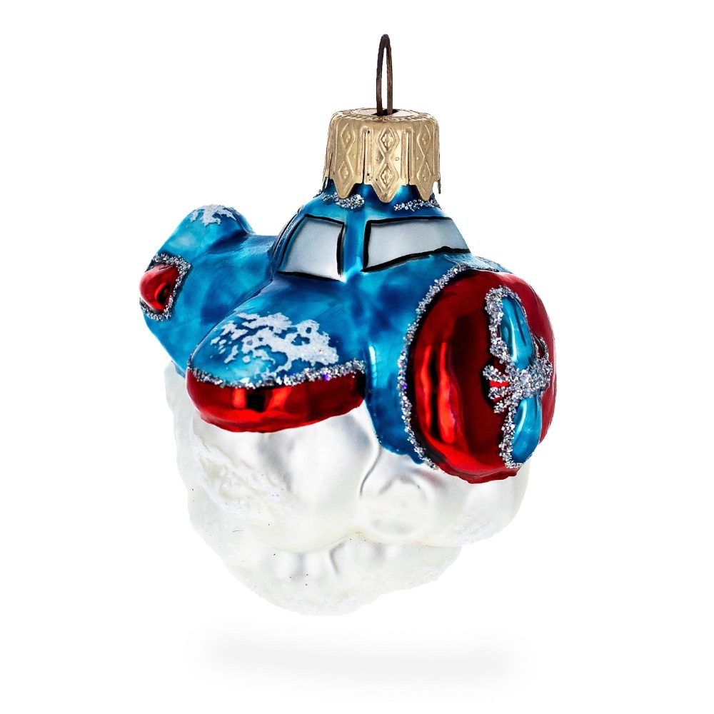 Blue Airplane In The Skies Mini Glass Christmas Ornament  |   Transportation Ornaments Transportation