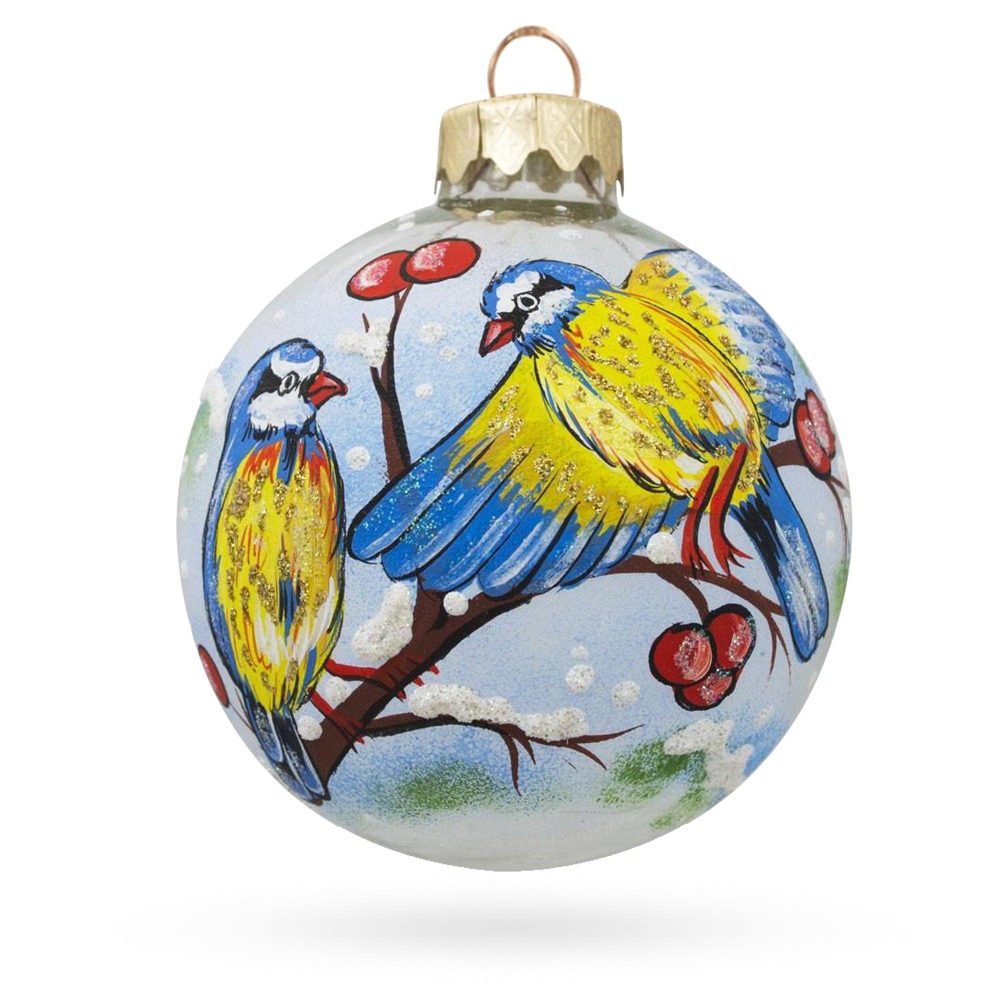 Blue And Yellow Birds On Branch Blown Glass Ball Christmas Ornament 3.25 Inches  |   Animals Animals Animals