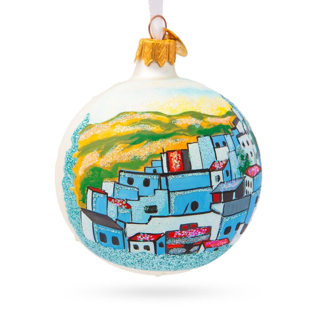 Blue City Chefchaouen, Morocco Glass Ball Christmas Ornament 3.25 Inches  |   Travel Ornaments Travel