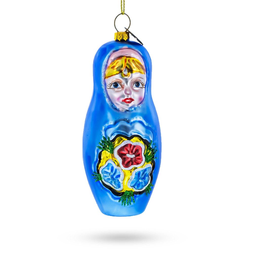 Blue Doll With Flower Blown Glass Christmas Ornament  |   Flowers Flowers Flowers