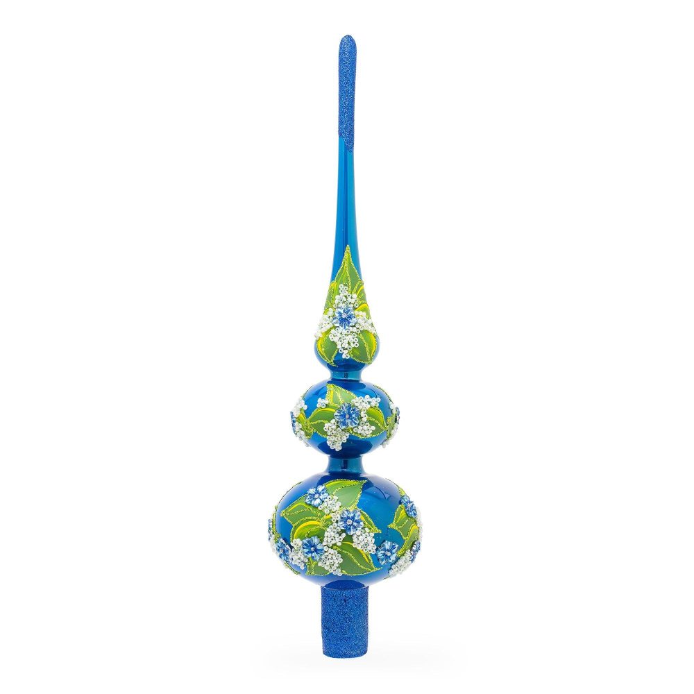 Blue Flowers On Glossy Blue Mouth Glass Christmas Tree Topper 12.5 Inches  |   Tree Toppers Ornaments Tree Toppers