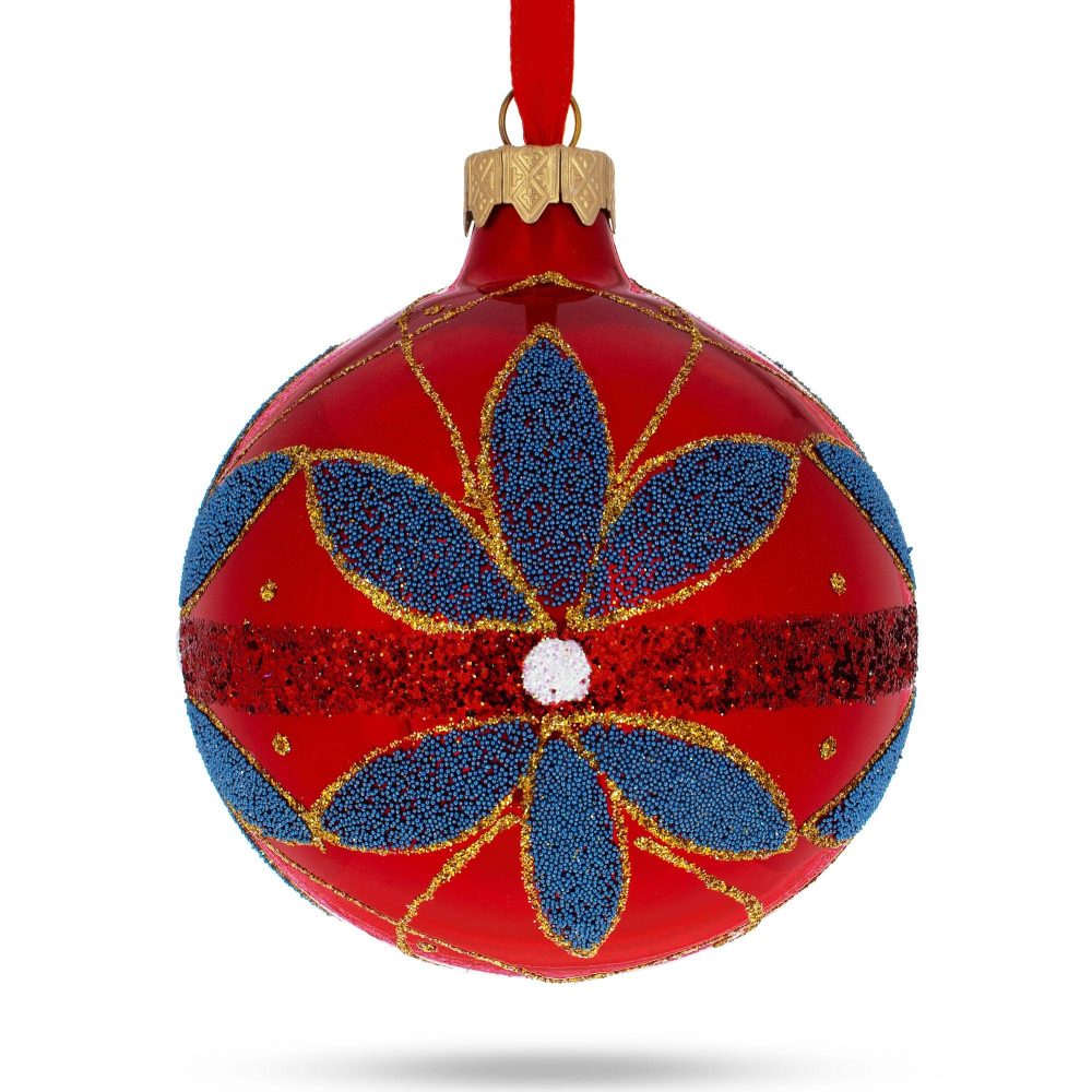 Blue Flowers On Red Blown Glass Ball Christmas Ornament 3.25 Inches  |   Flowers Flowers Flowers